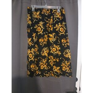 Connections Related Black Gold Baroque Print Midi Skirt. Women's Elastic Waist